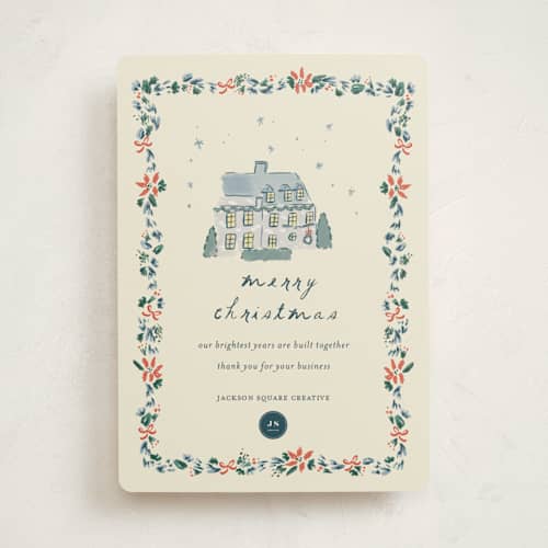 This is a blue spruce business holiday cards with standard by Sarah Rosenthal called brighton house printing on signature in standard