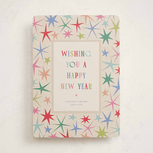 This is a fruitcake business holiday cards with standard by Pixel and Hank called new year star frame printing on signature in standard