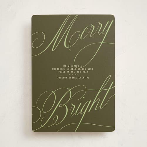 This is a olive business holiday cards with standard by Susan Zinader called stylish script printing on signature in standard