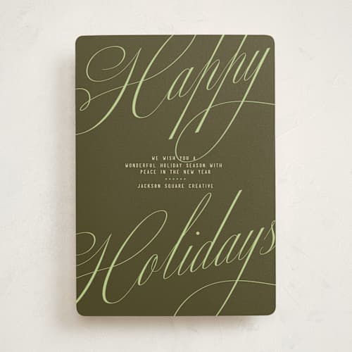 This is a olive business holiday cards with standard by Susan Zinader called stylish script printing on signature in standard