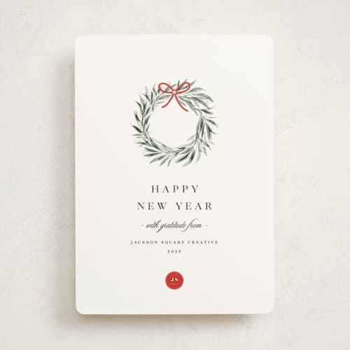 This is a snowfall business holiday cards with standard by Melanie Kosuge called little wreath printing on signature in standard