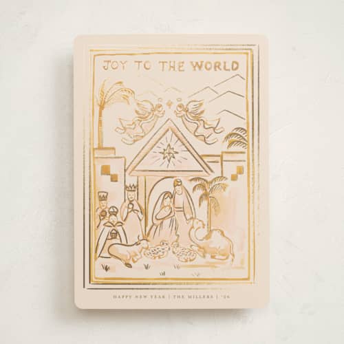 This is a honey foil pressed holiday cards with foil pressed by Teju Reval called nativity scene printing on signature in standard
