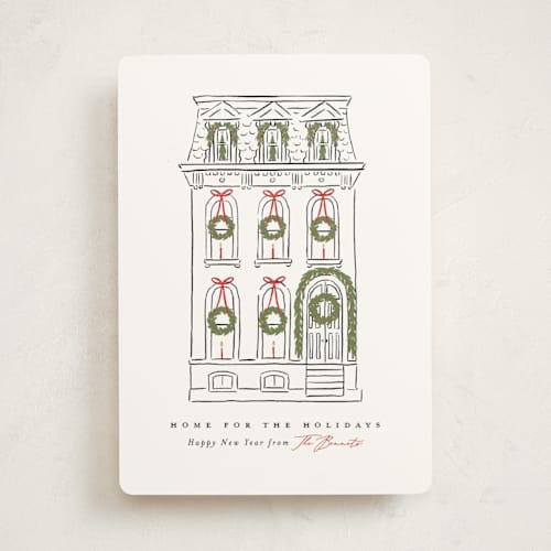 This is a snowfall non photo holiday cards with standard by Susan Zinader called home for the holidays printing on signature in standard
