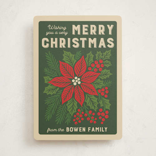 This is a evergreen non photo holiday cards with standard by 2birdstone called poinsettia seeds printing on signature in standard