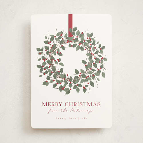 This is a holly non photo holiday cards with standard by Kacey Kendrick Wagner called classic wreath printing on signature in standard