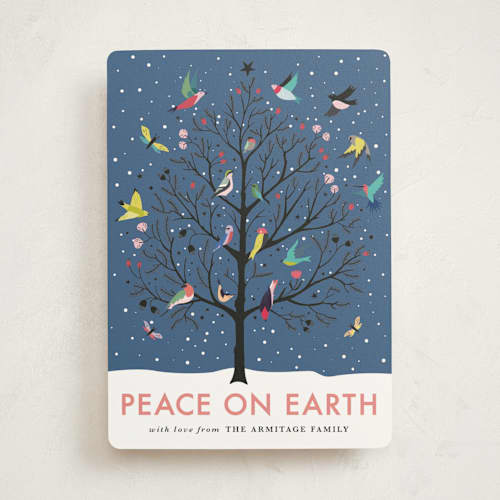 This is a winter dusk non photo holiday cards with standard by Eve Schultz called peace on earth printing on signature in standard
