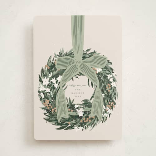 This is a sage non photo holiday cards with standard by Leah Bisch called big bow printing on signature in standard