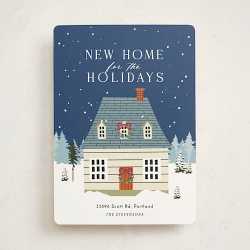 This is a navy non photo holiday cards with standard by Sherley Ferreira called new home for the holidays! printing on signature in standard