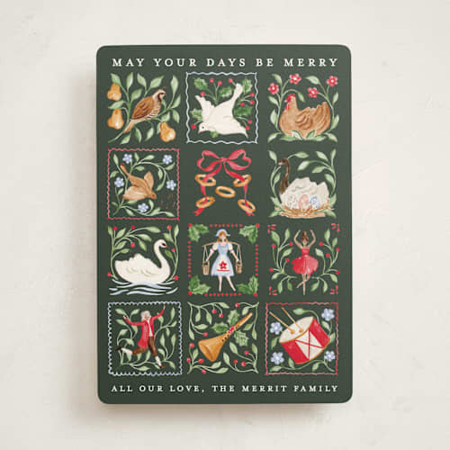 This is a pear tree non photo holiday cards with standard by Sarah Knight called 12 days of christmas stamps printing on signature in standard