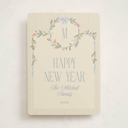 This is a periwinkle non photo holiday cards with standard by Robert and Stella called wreath frame printing on signature in standard