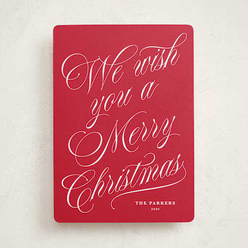 This is a cranberry non photo holiday cards with standard by Kate Ahn called with flourish printing on signature in standard