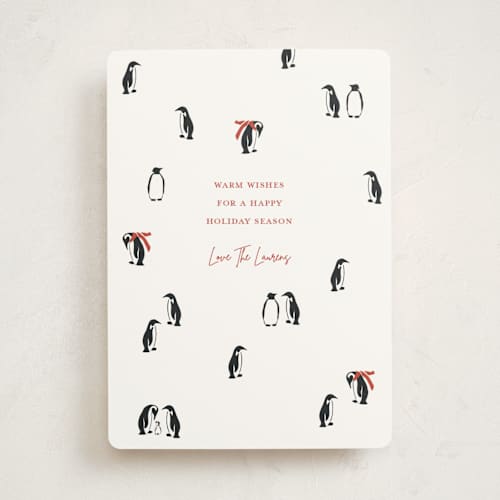 This is a candy cane non photo holiday cards with standard by Lauren Jinhee called march of the penguins printing on signature in standard