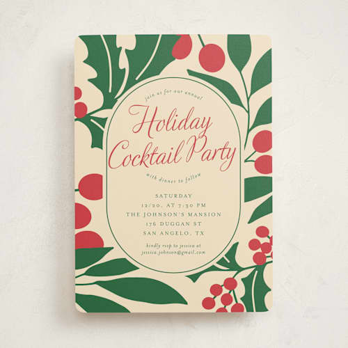 This is a vanilla holiday party invitations with standard by Deynaaz Daraei called celosia printing on signature in standard