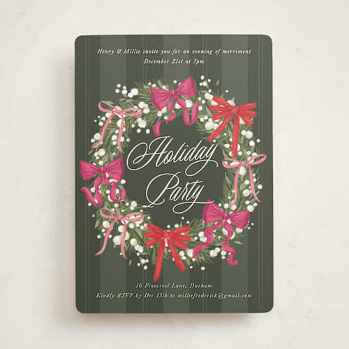 This is a forest holiday party invitations with standard by Jackie Crawford called bow wreath printing on signature in standard