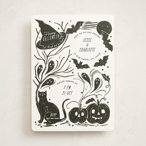This is a cauldron holiday party invitations with standard by Sarah Knight called eat, drink & be scary printing on signature in standard
