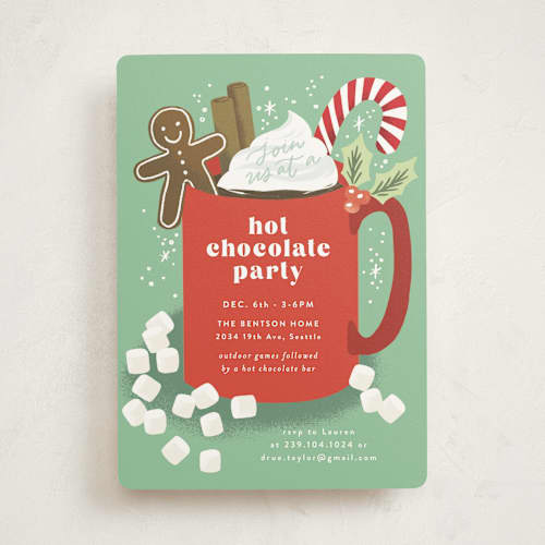 This is a pine holiday party invitations with standard by Alethea and Ruth called hot chocolate printing on signature in standard