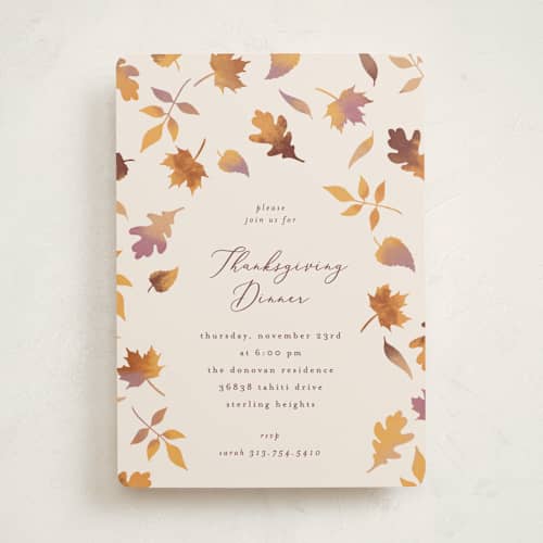 This is a parchment holiday party invitations with standard by Jamie Alexander called autumn leaves printing on signature in standard