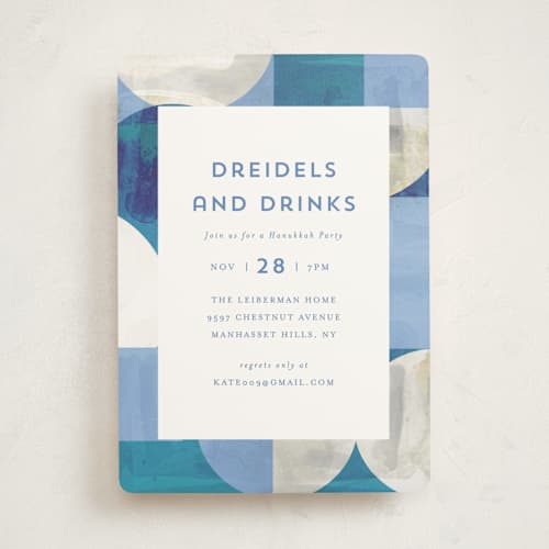 This is a dusty blue holiday party invitations with standard by AK Graphics called geo colorblock printing on signature in standard