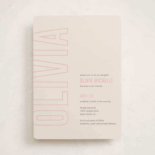 This is a peony bar mitzvah bat mitzvah invitations with standard by Ilene Guy called bold name printing on signature in standard
