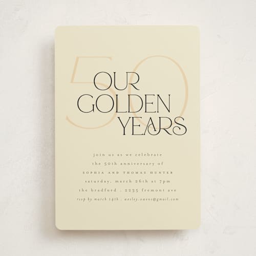 This is a almond party invitations with standard by Morgan Kendall called golden years printing on signature in standard