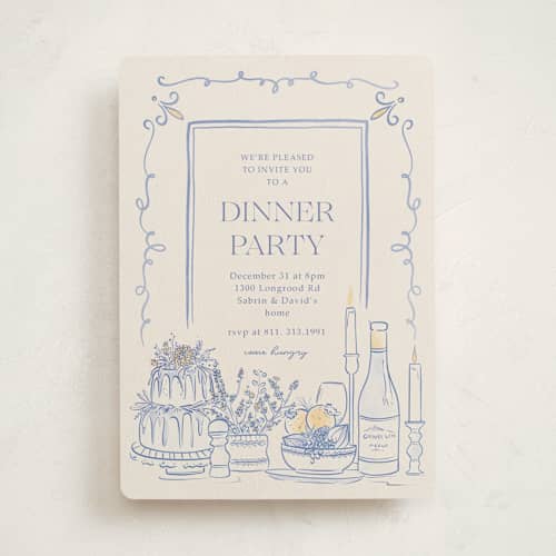 This is a balmy blue party invitations with standard by Sabrin Deirani called table feast printing on signature in standard