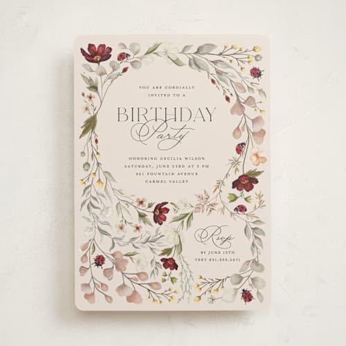 This is a cream party invitations with standard by Erin Deegan called ladybugs and wildflowers printing on signature in standard