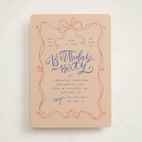 This is a coral party invitations with standard by Anastasia Makarova called watercolor ribbon printing on signature in standard
