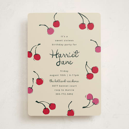 This is a tomato sweet sixteen birthday party invitations with standard by Kelly Watkins called cherries printing on signature in standard