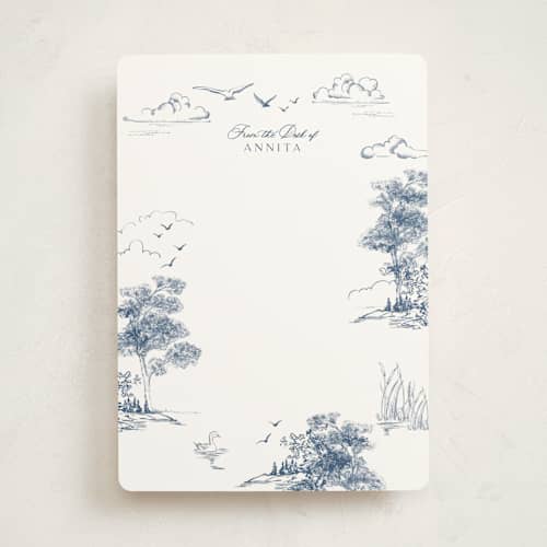 This is a lake personalized stationery thank you cards with standard by Lucrecia Caporale called lake side toile printing on signature in 5x7