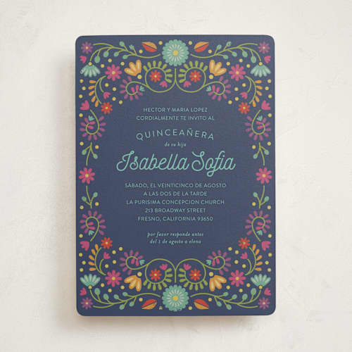 This is a navy sweet sixteen birthday party invitations with standard by Laura Hankins called fiesta floral printing on signature in standard