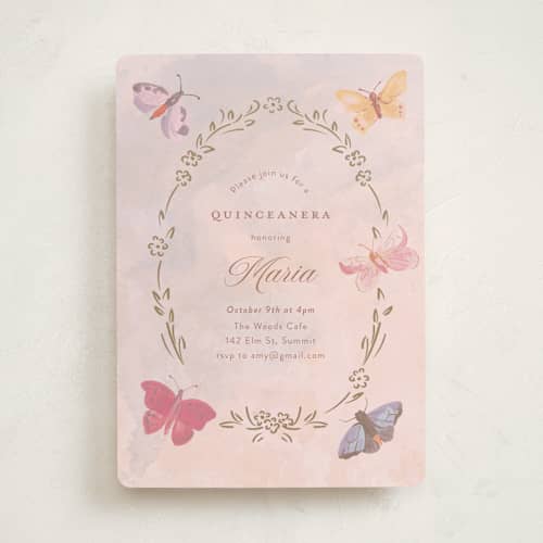 This is a petal sweet sixteen birthday party invitations with standard by Teju Reval called dreamy butterflies printing on signature in standard