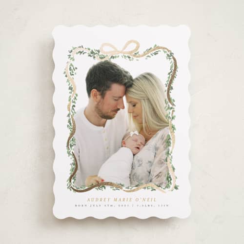 This is a blush foil stamped birth announcements with foil pressed by Itsy Belle Studio called ribbonly frame printing on recycled smooth signature in standard