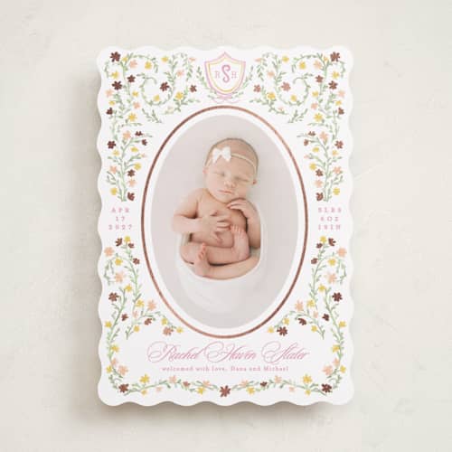 This is a cotton candy foil stamped birth announcements with foil pressed by Creo Study called cottagecore printing on recycled smooth signature in standard
