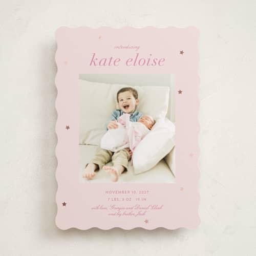 This is a ballet slipper foil stamped birth announcements with foil pressed by Megan Davis called plum perfect printing on recycled smooth signature in standard