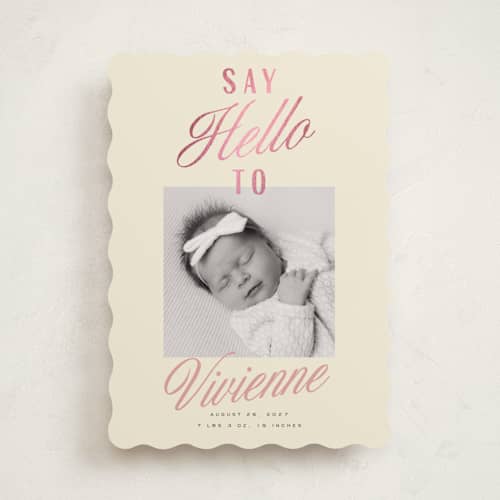 This is a lemonade foil stamped birth announcements with foil pressed by Everett Paper Goods called adeline printing on recycled smooth signature in standard