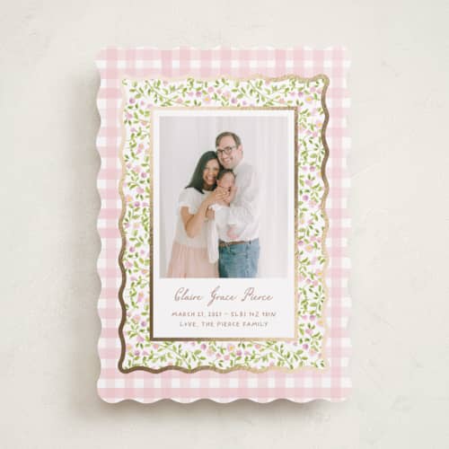 This is a peony foil stamped birth announcements with foil pressed by Creo Study called patio printing on recycled smooth signature in standard