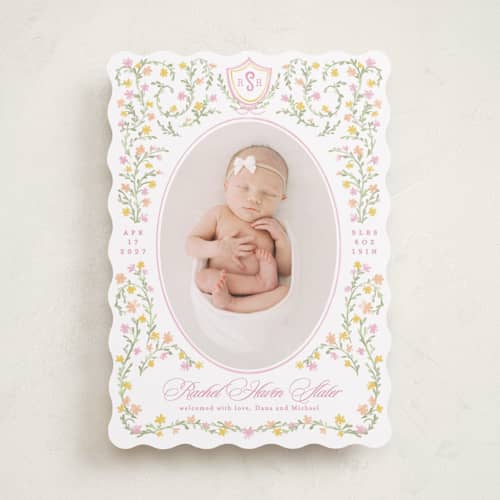This is a cotton candy birth announcements with standard by Creo Study called cottagecore printing on recycled smooth signature in standard