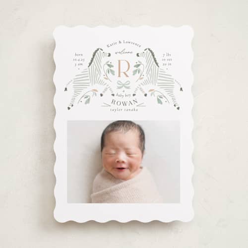 This is a seafoam birth announcements with standard by Griffinbell Paper Co. called hearts and stripes printing on recycled smooth signature in standard