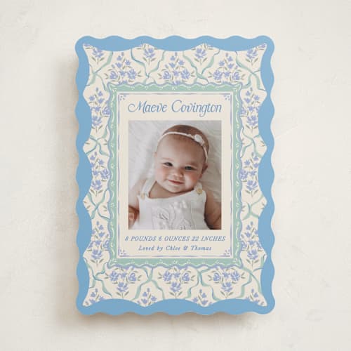 This is a periwinkle birth announcements with standard by Jackie Crawford called highgrove printing on recycled smooth signature in standard