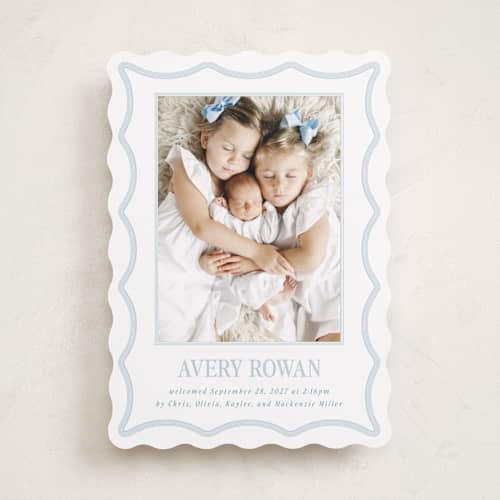 This is a powder birth announcements with standard by Jenna Holcomb called rickrack printing on recycled smooth signature in standard