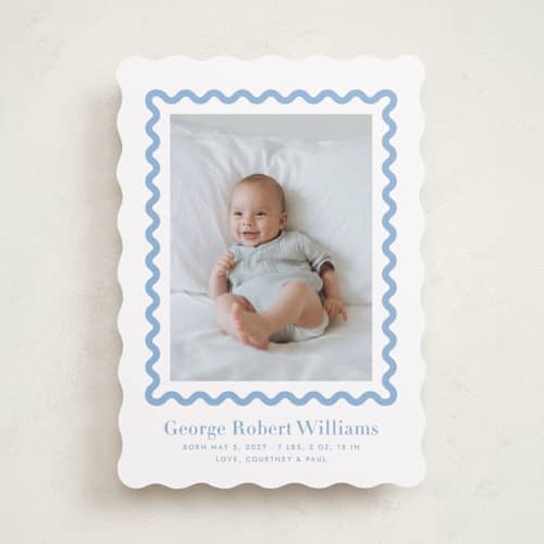 This is a bluebell birth announcements with standard by Megan Davis called ric rac printing on recycled smooth signature in standard