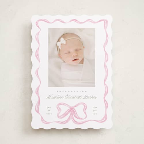 This is a peony birth announcements with standard by Creo Study called squiggle bow printing on recycled smooth signature in standard
