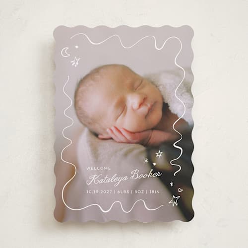 This is a linen birth announcements with standard by Zove Ahhh called dreamland printing on recycled smooth signature in standard