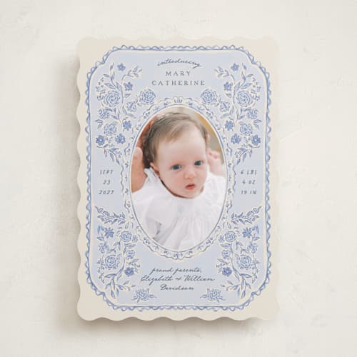This is a delft birth announcements with standard by Grae called porcelain and lace printing on recycled smooth signature in standard