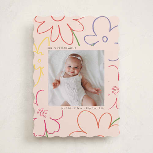This is a blush birth announcements with standard by Morgan Kendall called spring flowers printing on recycled smooth signature in standard