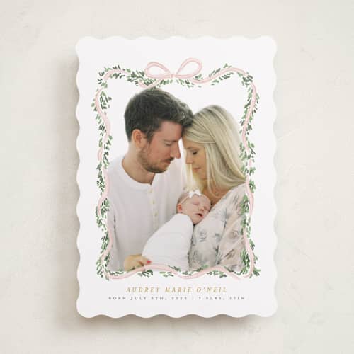 This is a blush birth announcements with standard by Itsy Belle Studio called ribbonly frame printing on recycled smooth signature in standard