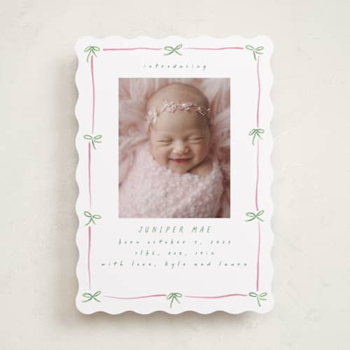 This is a candy birth announcements with standard by Susan Zinader called preppy bow border printing on recycled smooth signature in standard