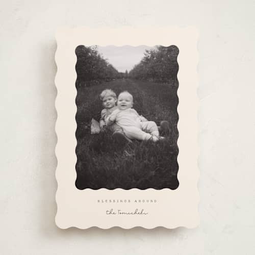 This is a chardonnay photo christmas cards with standard by Sara Hicks Malone called nostalgic blessings printing on recycled smooth signature in standard