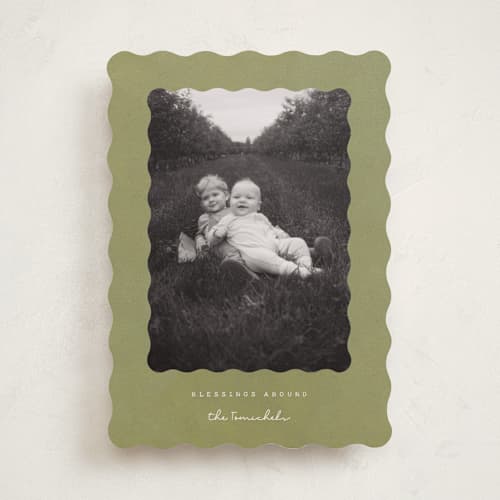 This is a sage photo christmas cards with standard by Sara Hicks Malone called nostalgic blessings printing on recycled smooth signature in standard