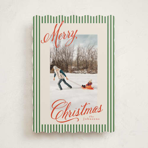 This is a forest photo christmas cards with standard by Karidy Walker called script and stripes printing on recycled smooth signature in standard